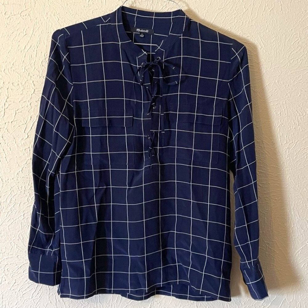 Madewell Navy & White Silk Blouse, Size S
